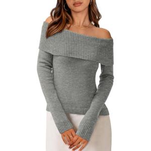 PRETTYGARDEN Off The Shoulder Sweater for Women 2026 Fall Fashion Cute Long Sleeve Tops Winter Ribbed Pullover Knit Outfits(Grey)