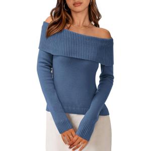 PRETTYGARDEN Off The Shoulder Sweater for Women 2026 Fall Fashion Cute Long Sleeve Tops Winter Ribbed Pullover Knit Outfits(Grey Blue)