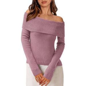 PRETTYGARDEN Off The Shoulder Sweater for Women 2026 Fall Fashion Cute Long Sleeve Tops Winter Ribbed Pullover Knit Outfits(Heather Pink)