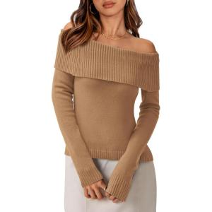 PRETTYGARDEN Off The Shoulder Sweater for Women 2026 Fall Fashion Cute Long Sleeve Tops Winter Ribbed Pullover Knit Outfits(Khaki)