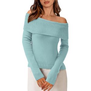 PRETTYGARDEN Off The Shoulder Sweater for Women 2026 Fall Fashion Cute Long Sleeve Tops Winter Ribbed Pullover Knit Outfits(Light Blue)
