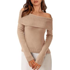 PRETTYGARDEN Off The Shoulder Sweater for Women 2026 Fall Fashion Cute Long Sleeve Tops Winter Ribbed Pullover Knit Outfits(Light Camel)