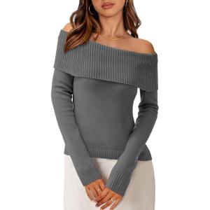 PRETTYGARDEN Off The Shoulder Sweater for Women 2026 Fall Fashion Cute Long Sleeve Tops Winter Ribbed Pullover Knit Outfits(Mid Grey)