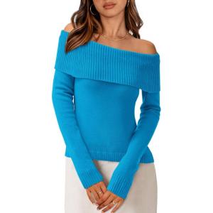PRETTYGARDEN Off The Shoulder Sweater for Women 2026 Fall Fashion Cute Long Sleeve Tops Winter Ribbed Pullover Knit Outfits(Mineral Blue)