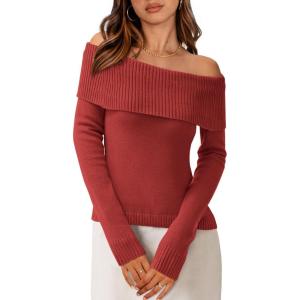 PRETTYGARDEN Off The Shoulder Sweater for Women 2026 Fall Fashion Cute Long Sleeve Tops Winter Ribbed Pullover Knit Outfits(Orange Red)