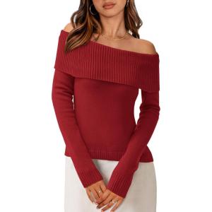 PRETTYGARDEN Off The Shoulder Sweater for Women 2026 Fall Fashion Cute Long Sleeve Tops Winter Ribbed Pullover Knit Outfits(Rust Red)