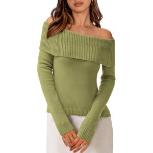 PRETTYGARDEN Off The Shoulder Sweater for Women 2026 Fall Fashion Cute Long Sleeve Tops Winter Ribbed Pullover Knit Outfits(Sage Green)