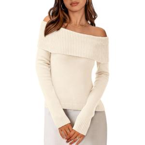 PRETTYGARDEN Off The Shoulder Sweater for Women 2026 Fall Fashion Cute Long Sleeve Tops Winter Ribbed Pullover Knit Outfits(Snow White)