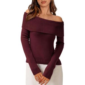 PRETTYGARDEN Off The Shoulder Sweater for Women 2026 Fall Fashion Cute Long Sleeve Tops Winter Ribbed Pullover Knit Outfits(Wine Red)