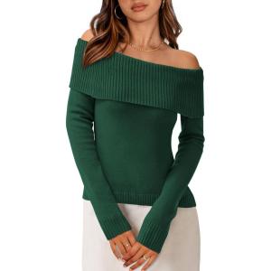 PRETTYGARDEN Off The Shoulder Sweater for Women 2026 Fall Fashion Cute Long Sleeve Tops Winter Ribbed Pullover Knit Outfits(Wood Green)