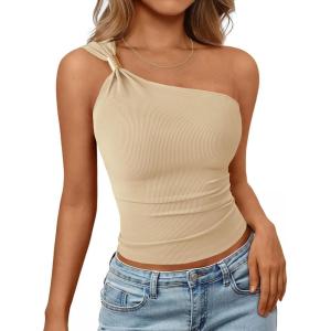 PRETTYGARDEN One Shoulder Going Out Tops for Women 2026 Summer Trendy Sleeveless Fitted Ribbed Shirts Spring Y2K Clothes(Apricot)