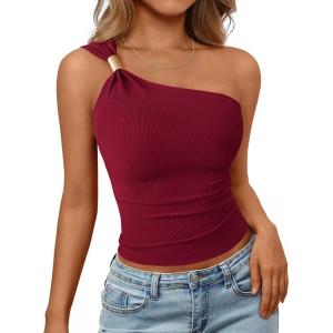 PRETTYGARDEN One Shoulder Going Out Tops for Women 2026 Summer Trendy Sleeveless Fitted Ribbed Shirts Spring Y2K Clothes(Burgundy)