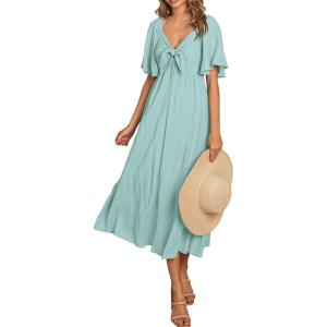 PRETTYGARDEN Summer Dress for Women 2026 Casual Short Sleeve Bow Tie V Neck Ruffle Midi Flowy Dresses(Aqua Green)