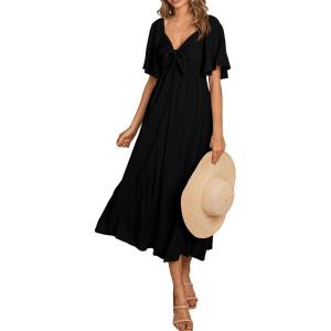 PRETTYGARDEN Summer Dress for Women 2026 Casual Short Sleeve Bow Tie V Neck Ruffle Midi Flowy Dresses(Black)