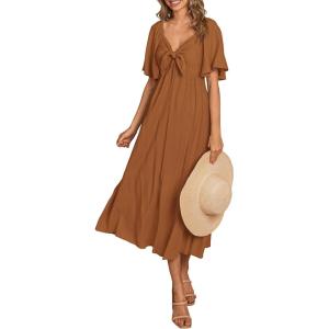 PRETTYGARDEN Summer Dress for Women 2026 Casual Short Sleeve Bow Tie V Neck Ruffle Midi Flowy Dresses(Brown)