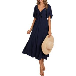 PRETTYGARDEN Summer Dress for Women 2026 Casual Short Sleeve Bow Tie V Neck Ruffle Midi Flowy Dresses(Dark Blue)