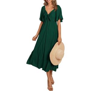 PRETTYGARDEN Summer Dress for Women 2026 Casual Short Sleeve Bow Tie V Neck Ruffle Midi Flowy Dresses(Dark Green)