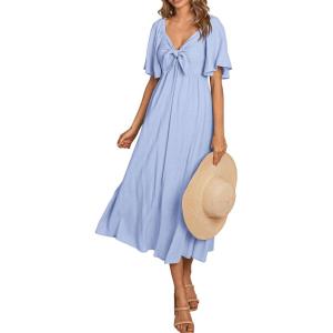 PRETTYGARDEN Summer Dress for Women 2026 Casual Short Sleeve Bow Tie V Neck Ruffle Midi Flowy Dresses(Light Blue)