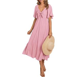 PRETTYGARDEN Summer Dress for Women 2026 Casual Short Sleeve Bow Tie V Neck Ruffle Midi Flowy Dresses(Light Pink)