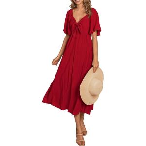 PRETTYGARDEN Summer Dress for Women 2026 Casual Short Sleeve Bow Tie V Neck Ruffle Midi Flowy Dresses(Red)