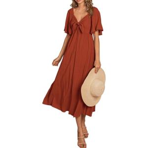 PRETTYGARDEN Summer Dress for Women 2026 Casual Short Sleeve Bow Tie V Neck Ruffle Midi Flowy Dresses(Rust Red)