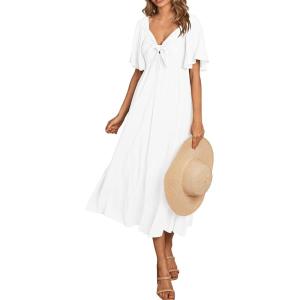 PRETTYGARDEN Summer Dress for Women 2026 Casual Short Sleeve Bow Tie V Neck Ruffle Midi Flowy Dresses(White)