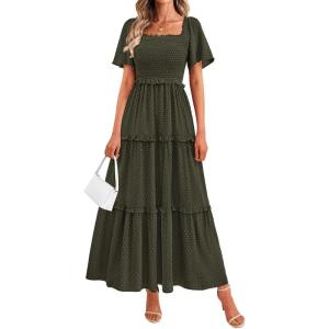 PRETTYGARDEN Summer Dresses for Women 2026 Boho Swiss Dot Smocked Square Neck Short Sleeve Spring Wedding Guest Maxi Dress(Army Green)