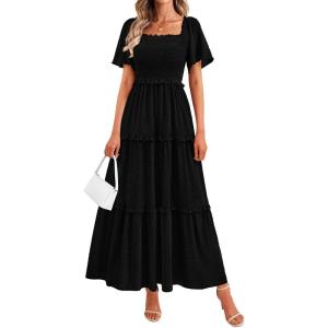 PRETTYGARDEN Summer Dresses for Women 2026 Boho Swiss Dot Smocked Square Neck Short Sleeve Spring Wedding Guest Maxi Dress(Black)