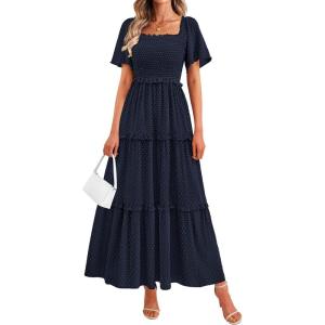 PRETTYGARDEN Summer Dresses for Women 2026 Boho Swiss Dot Smocked Square Neck Short Sleeve Spring Wedding Guest Maxi Dress(Navy Blue)