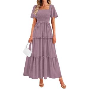 PRETTYGARDEN Summer Dresses for Women 2026 Boho Swiss Dot Smocked Square Neck Short Sleeve Spring Wedding Guest Maxi Dress(Purple)