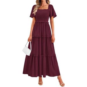 PRETTYGARDEN Summer Dresses for Women 2026 Boho Swiss Dot Smocked Square Neck Short Sleeve Spring Wedding Guest Maxi Dress(Wine Red)