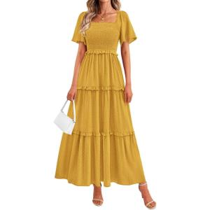 PRETTYGARDEN Summer Dresses for Women 2026 Boho Swiss Dot Smocked Square Neck Short Sleeve Spring Wedding Guest Maxi Dress(Yellow)