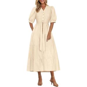 PRETTYGARDEN Summer Dresses for Women 2026 Elegant Classy Short Sleeve V Neck Ruffle A Line Belted Long Beach Vacation Dress(Apricot)