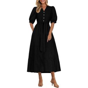 PRETTYGARDEN Summer Dresses for Women 2026 Elegant Classy Short Sleeve V Neck Ruffle A Line Belted Long Beach Vacation Dress(Black)