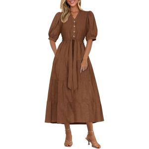 PRETTYGARDEN Summer Dresses for Women 2026 Elegant Classy Short Sleeve V Neck Ruffle A Line Belted Long Beach Vacation Dress(Coffee)