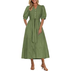 PRETTYGARDEN Summer Dresses for Women 2026 Elegant Classy Short Sleeve V Neck Ruffle A Line Belted Long Beach Vacation Dress(Cyan)