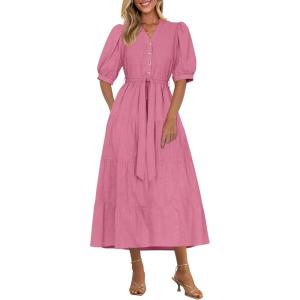 PRETTYGARDEN Summer Dresses for Women 2026 Elegant Classy Short Sleeve V Neck Ruffle A Line Belted Long Beach Vacation Dress(Dark Pink)