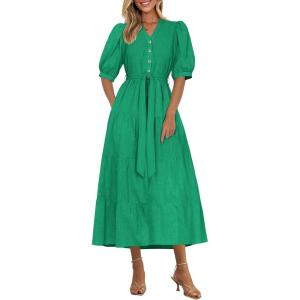 PRETTYGARDEN Summer Dresses for Women 2026 Elegant Classy Short Sleeve V Neck Ruffle A Line Belted Long Beach Vacation Dress(Green)