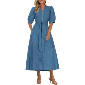 PRETTYGARDEN Summer Dresses for Women 2026 Elegant Classy Short Sleeve V Neck Ruffle A Line Belted Long Beach Vacation Dress(Grey Blue)