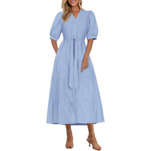 PRETTYGARDEN Summer Dresses for Women 2026 Elegant Classy Short Sleeve V Neck Ruffle A Line Belted Long Beach Vacation Dress(Light Blue)