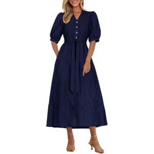 PRETTYGARDEN Summer Dresses for Women 2026 Elegant Classy Short Sleeve V Neck Ruffle A Line Belted Long Beach Vacation Dress(Navy)