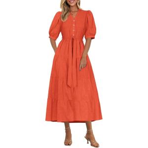 PRETTYGARDEN Summer Dresses for Women 2026 Elegant Classy Short Sleeve V Neck Ruffle A Line Belted Long Beach Vacation Dress(Orange)