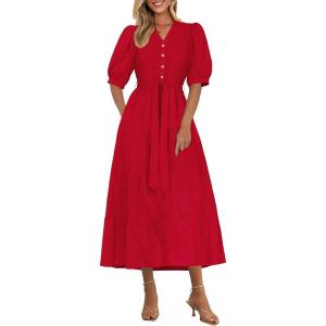 PRETTYGARDEN Summer Dresses for Women 2026 Elegant Classy Short Sleeve V Neck Ruffle A Line Belted Long Beach Vacation Dress(Red)