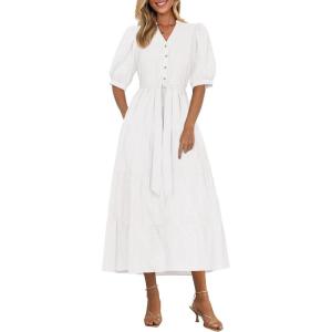 PRETTYGARDEN Summer Dresses for Women 2026 Elegant Classy Short Sleeve V Neck Ruffle A Line Belted Long Beach Vacation Dress(White)