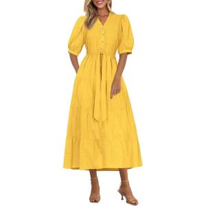 PRETTYGARDEN Summer Dresses for Women 2026 Elegant Classy Short Sleeve V Neck Ruffle A Line Belted Long Beach Vacation Dress(Yellow)
