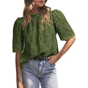PRETTYGARDEN Summer Tops for Women 2026 Short Sleeve Embroidered Eyelet Shirts Dressy Casual Blouses Spring Fashion Clothes(Army Green)