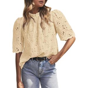 PRETTYGARDEN Summer Tops for Women 2026 Short Sleeve Embroidered Eyelet Shirts Dressy Casual Blouses Spring Fashion Clothes(Beige Yellow)
