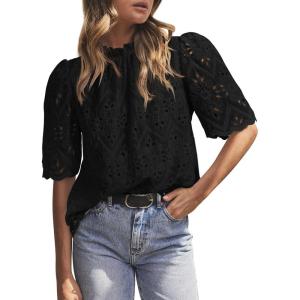 PRETTYGARDEN Summer Tops for Women 2026 Short Sleeve Embroidered Eyelet Shirts Dressy Casual Blouses Spring Fashion Clothes(Black)