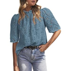 PRETTYGARDEN Summer Tops for Women 2026 Short Sleeve Embroidered Eyelet Shirts Dressy Casual Blouses Spring Fashion Clothes(Blue Grey)