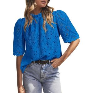 PRETTYGARDEN Summer Tops for Women 2026 Short Sleeve Embroidered Eyelet Shirts Dressy Casual Blouses Spring Fashion Clothes(Brilliant Blue)